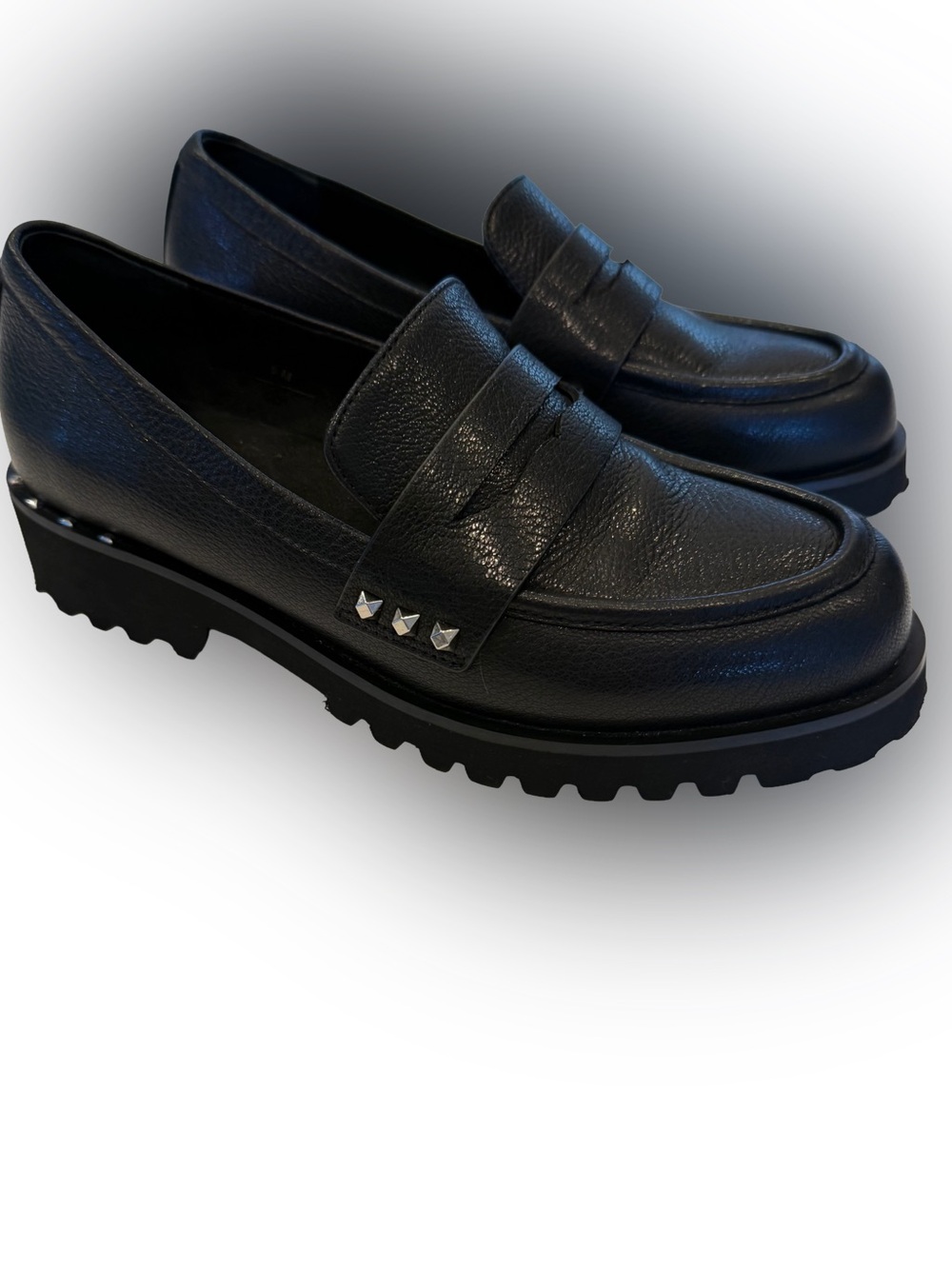 Vaneli Zona Women’s Slip On Lug Penny Loafers Black Silver Studs Sz 6M